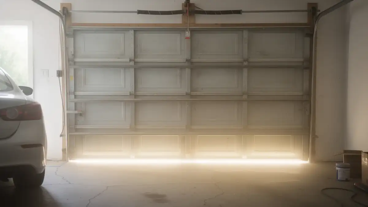 The white garage door is slightly open with bright light shining underneath.