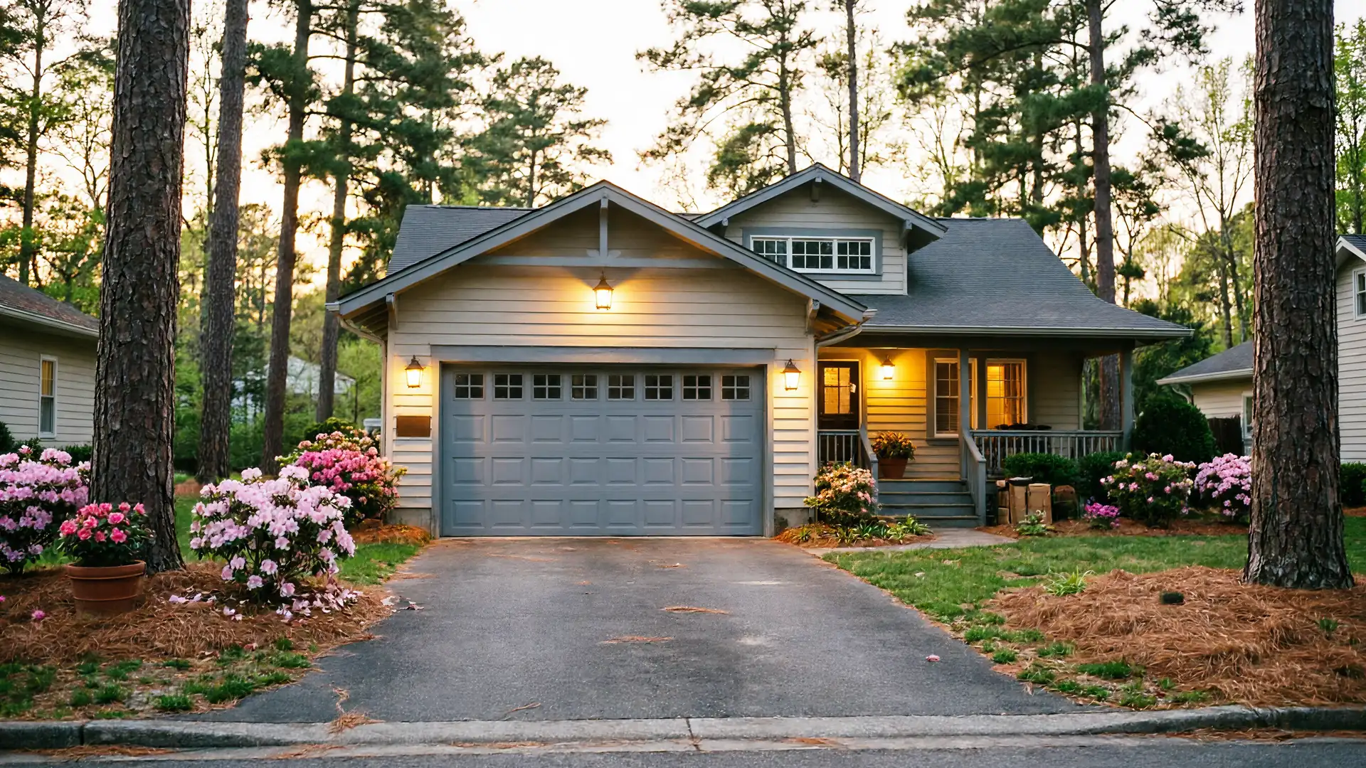A beige house with a gray garage door and a porch with lights on.
