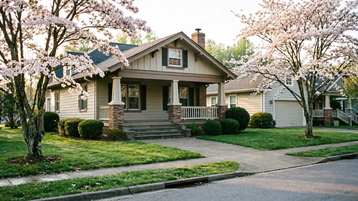 A house with a porch and a garage door is surrounded by blooming trees.