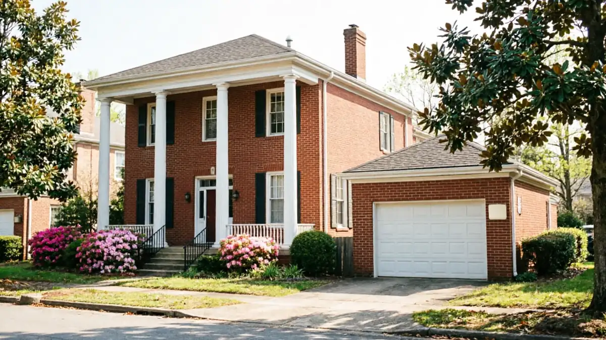 A red brick house with a white garage door and white columns.