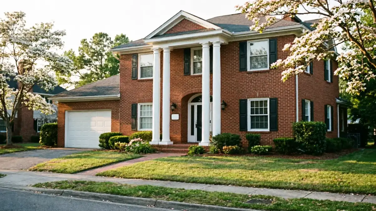 A red brick house has a white garage door and white columns.
