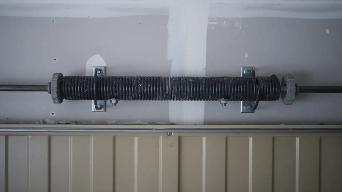 A black torsion spring is mounted above a tan garage door.